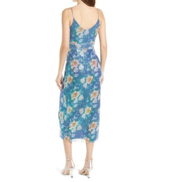 Saylor Faux Wrap Blue Floral Sequin Plunging Midi Dress NWT Medium - Picture 2 of 6